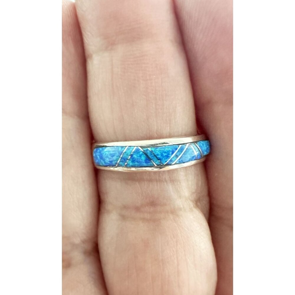 Navajo Zuni Made Blue Lab Opal 4mm Inlay Ring Size 8 w/ Gift Box